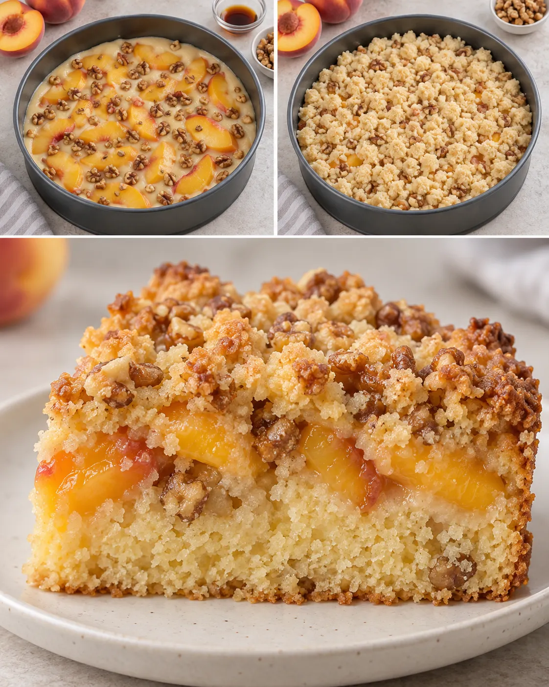 Crumble cake with peaches and vanilla — walnuts