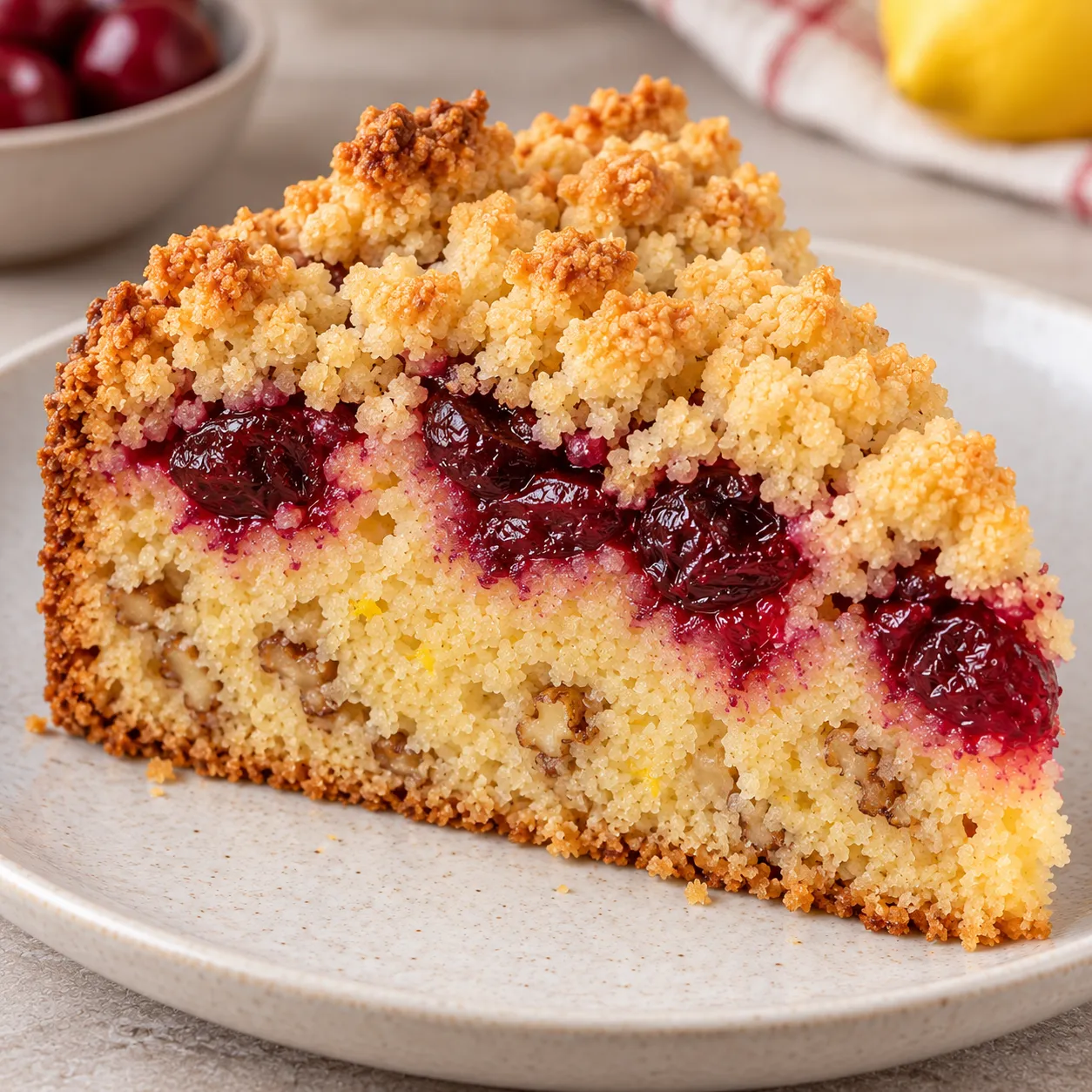 Crumble cake with cherries and lemon — walnuts