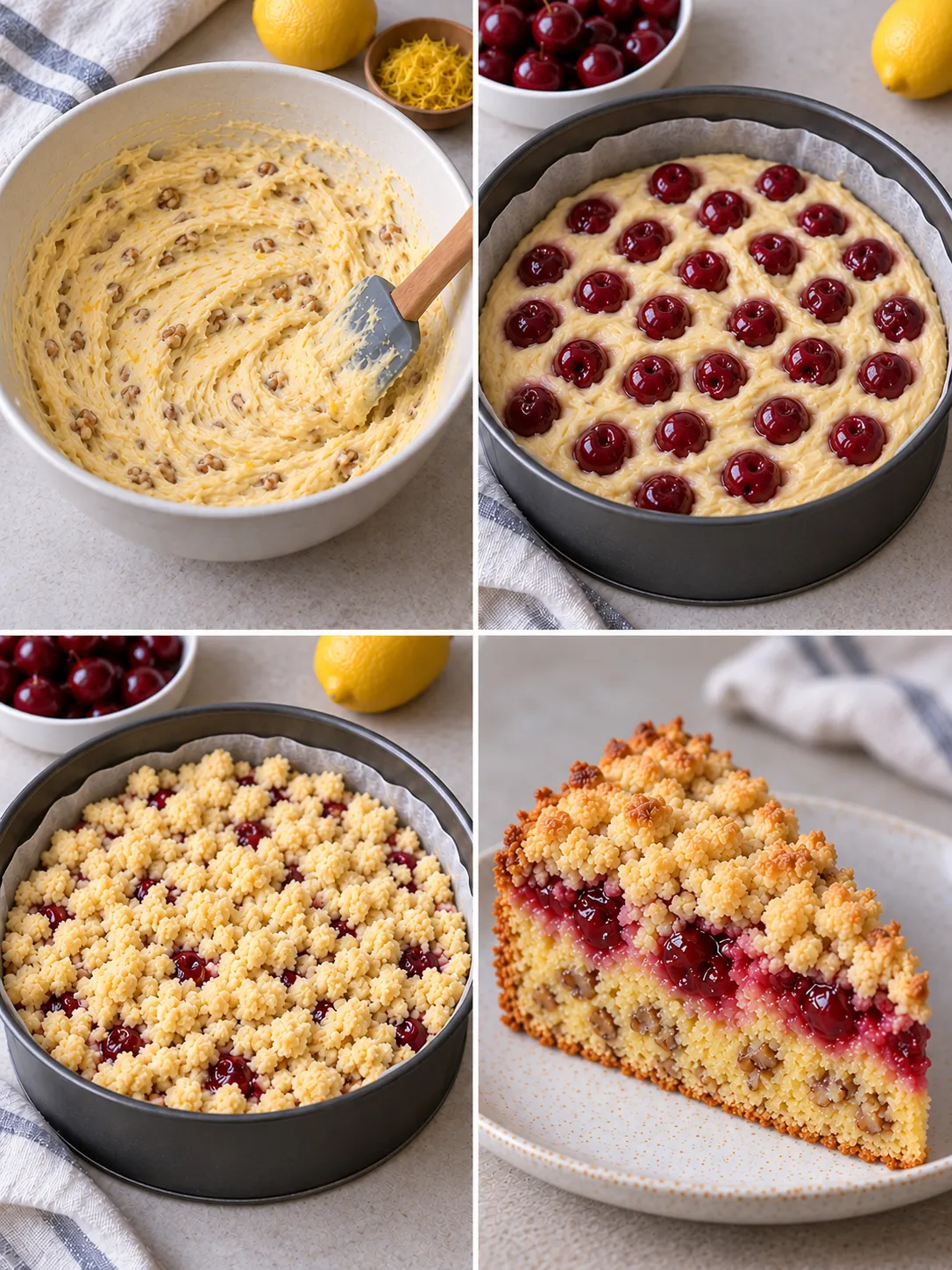 Crumble cake with cherries and lemon — walnuts