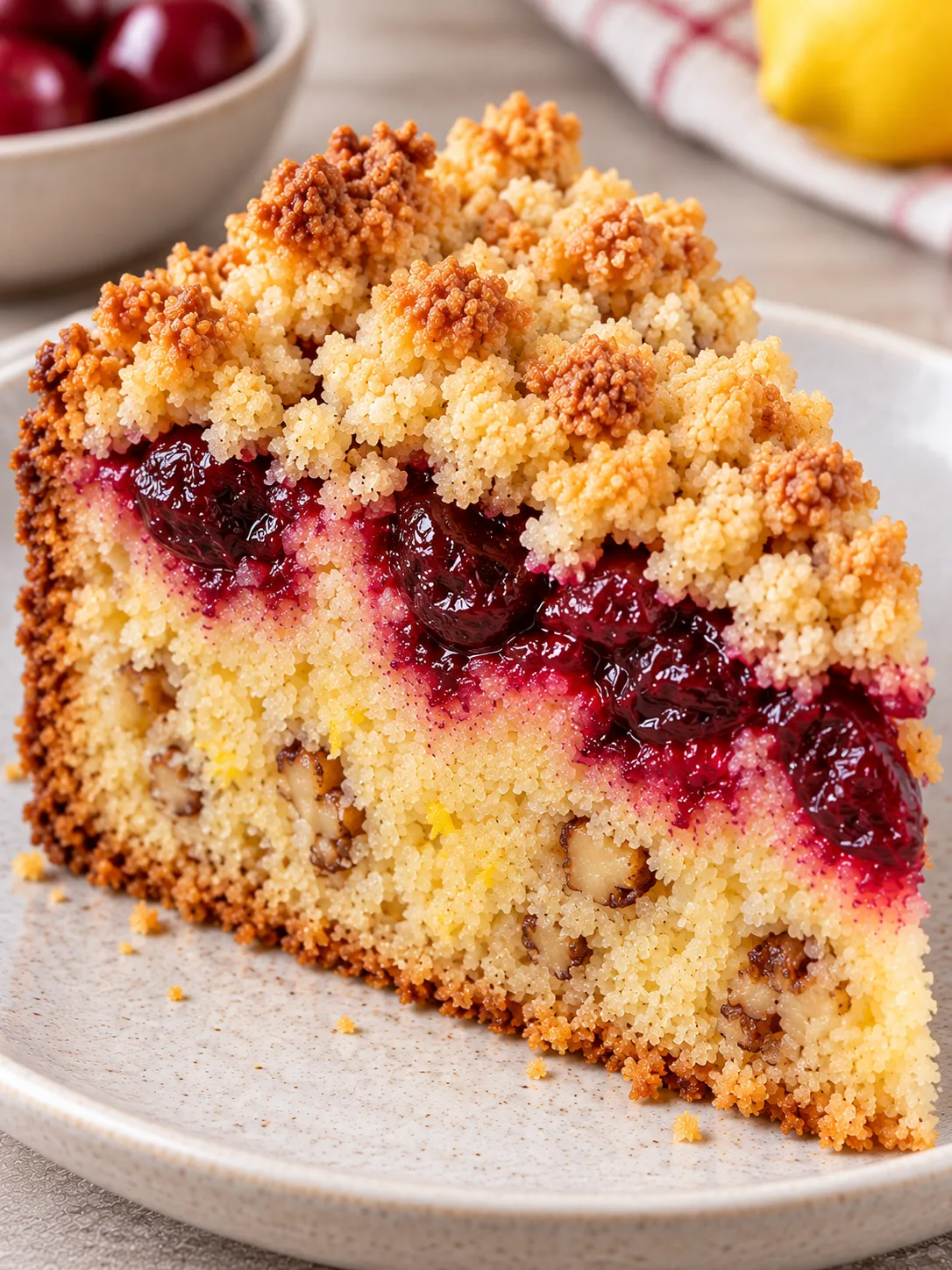 Crumble cake with cherries and lemon — walnuts