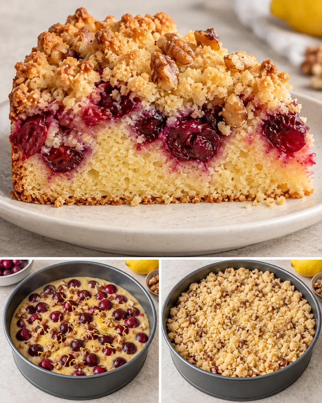 Crumble cake with cherries and lemon — walnuts