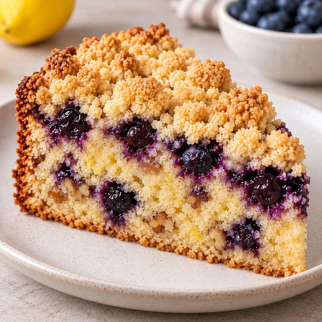 Crumble cake with blueberries and lemon — walnuts