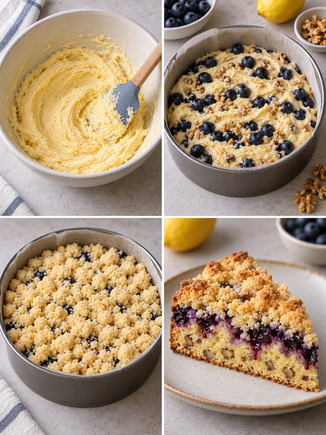 Crumble cake with blueberries and lemon — walnuts