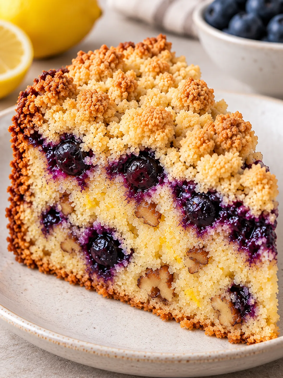 Crumble cake with blueberries and lemon — walnuts