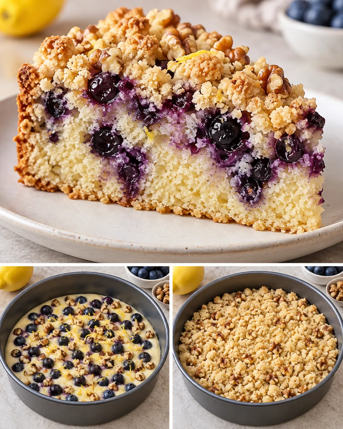 Crumble cake with blueberries and lemon — walnuts