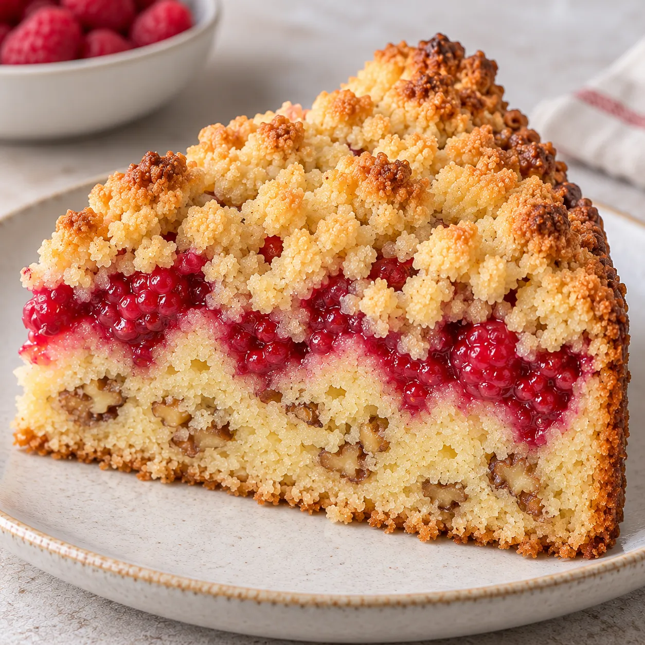Crumble cake with raspberries and vanilla — walnuts