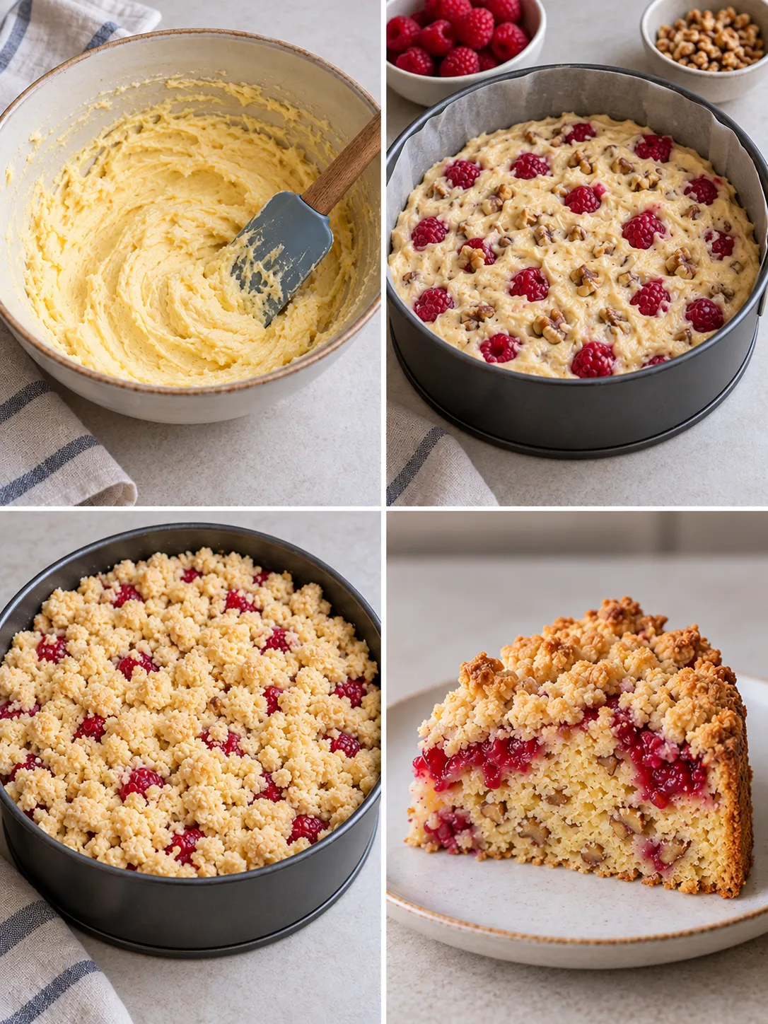Crumble cake with raspberries and vanilla — walnuts