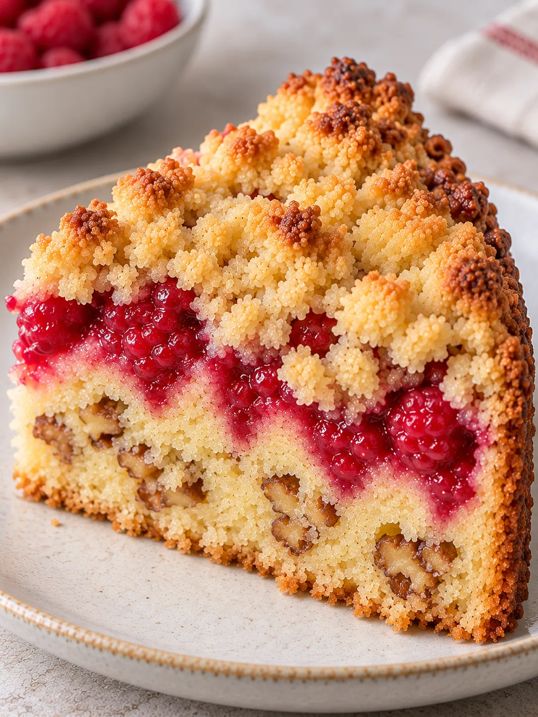 Crumble cake with raspberries and vanilla — walnuts