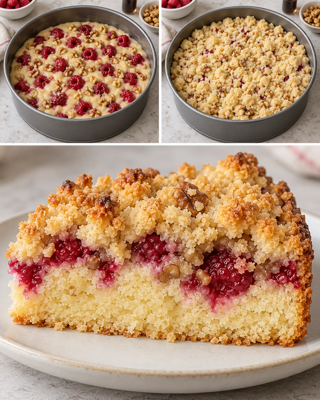 Crumble cake with raspberries and vanilla — walnuts