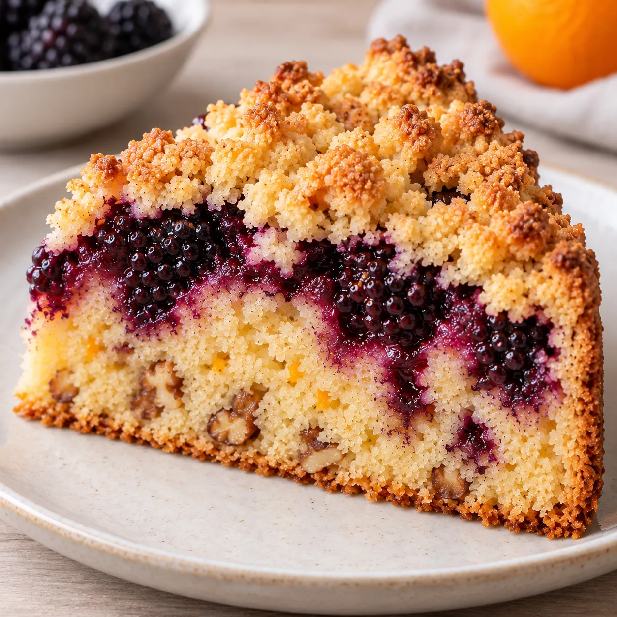 Crumble cake with blackberries and orange — walnuts