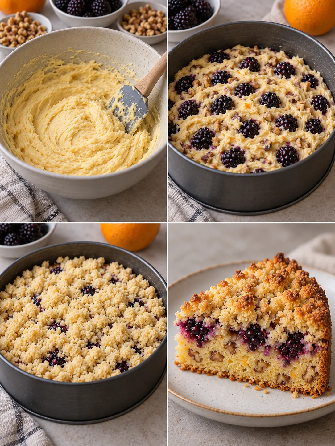 Crumble cake with blackberries and orange — walnuts