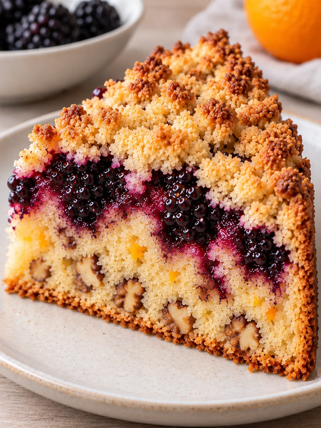Crumble cake with blackberries and orange — walnuts