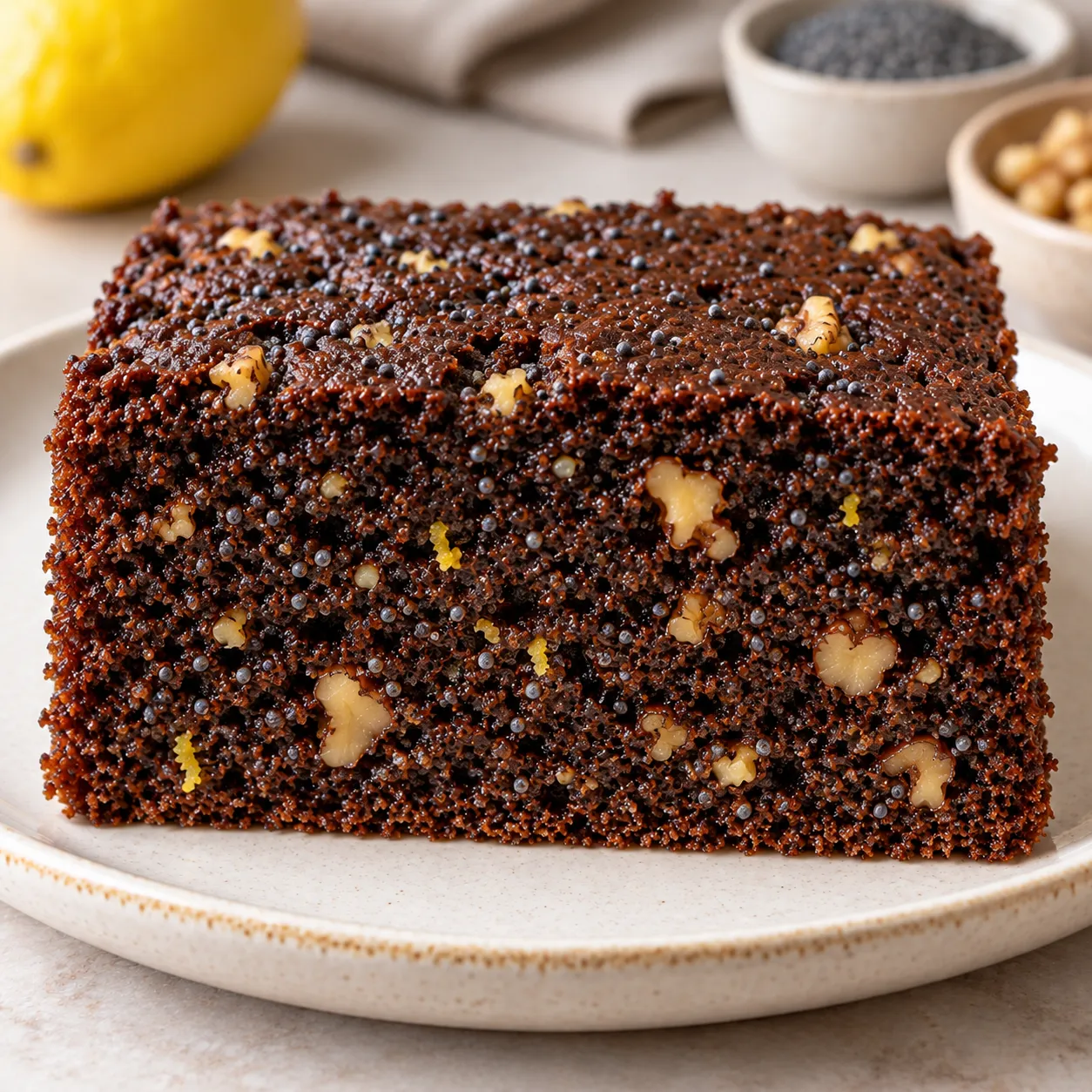 Chocolate sheet cake with lemon and poppy seeds — walnuts