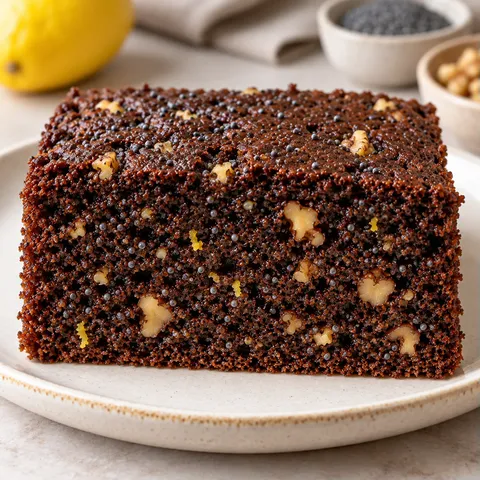Chocolate sheet cake with lemon and poppy seeds — walnuts