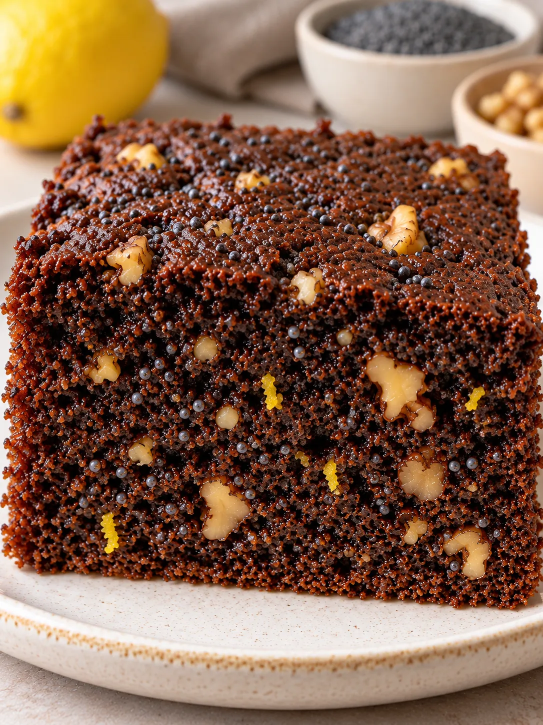 Chocolate sheet cake with lemon and poppy seeds — walnuts