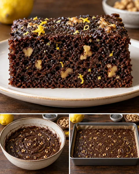 Chocolate sheet cake with lemon and poppy seeds — walnuts