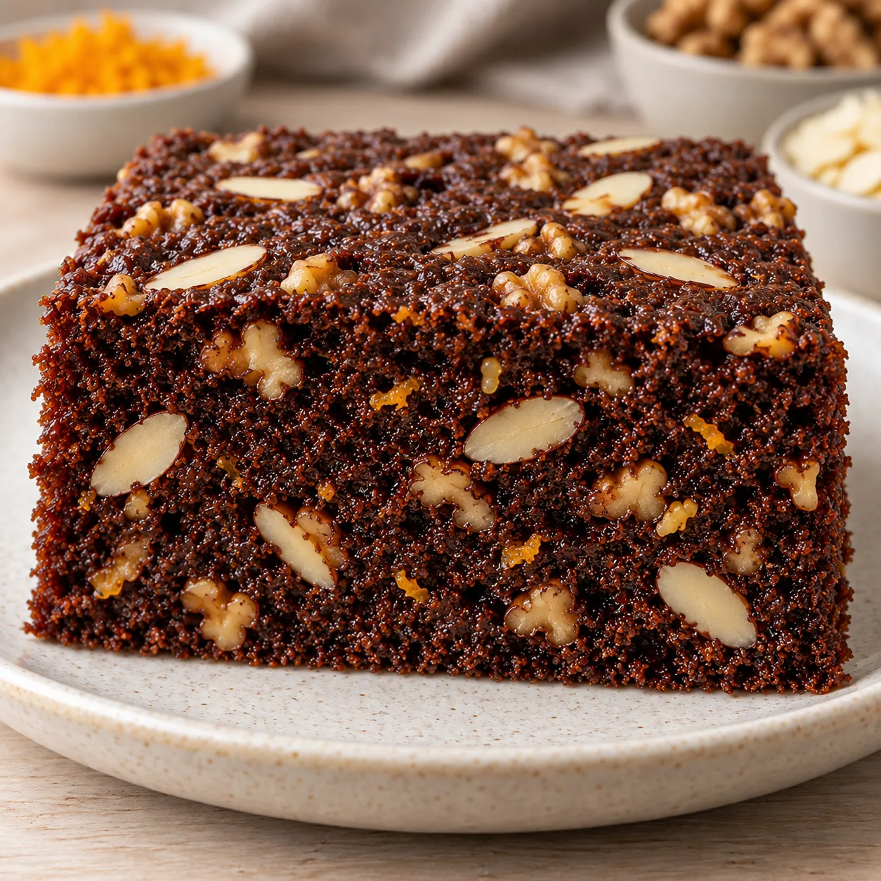 Chocolate sheet cake with orange and almonds — walnuts