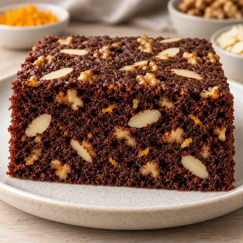 Chocolate sheet cake with orange and almonds — walnuts