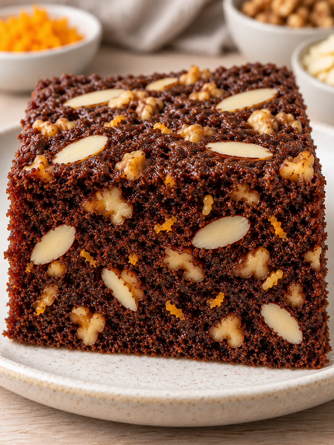 Chocolate sheet cake with orange and almonds — walnuts