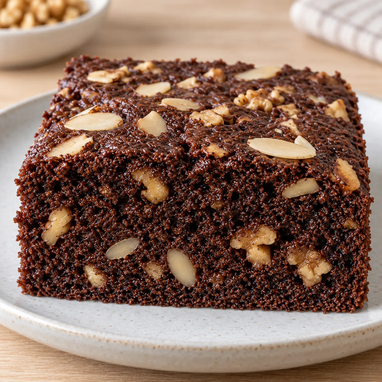 Chocolate sheet cake with coffee and walnuts — almonds