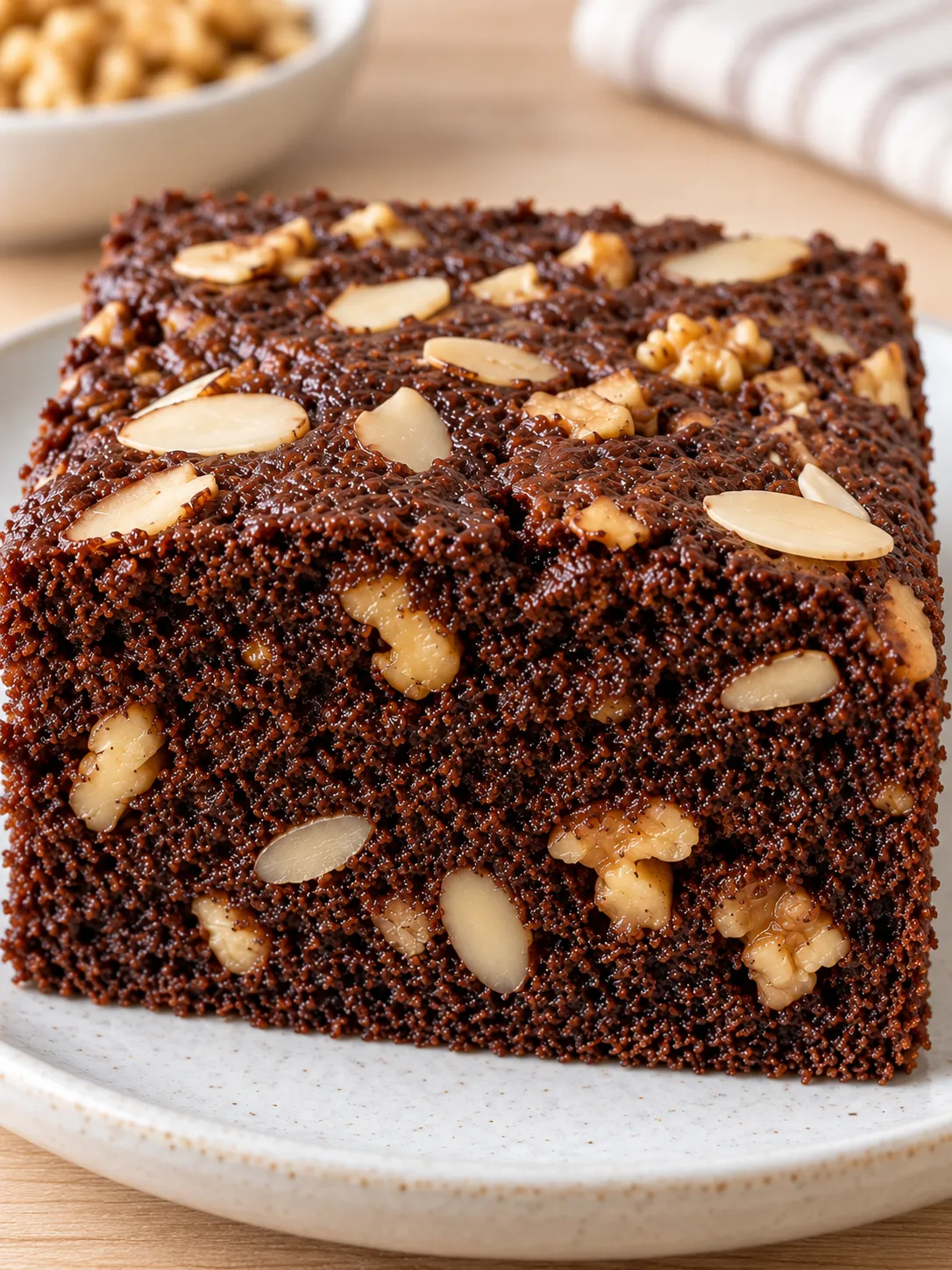 Chocolate sheet cake with coffee and walnuts — almonds