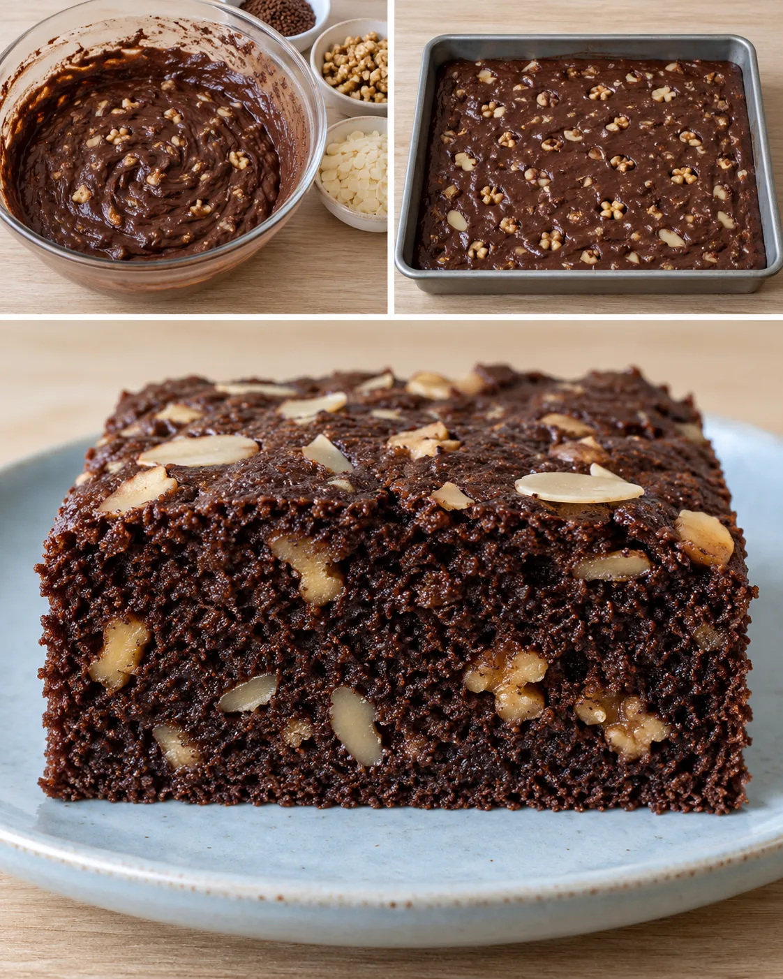 Chocolate sheet cake with coffee and walnuts — almonds