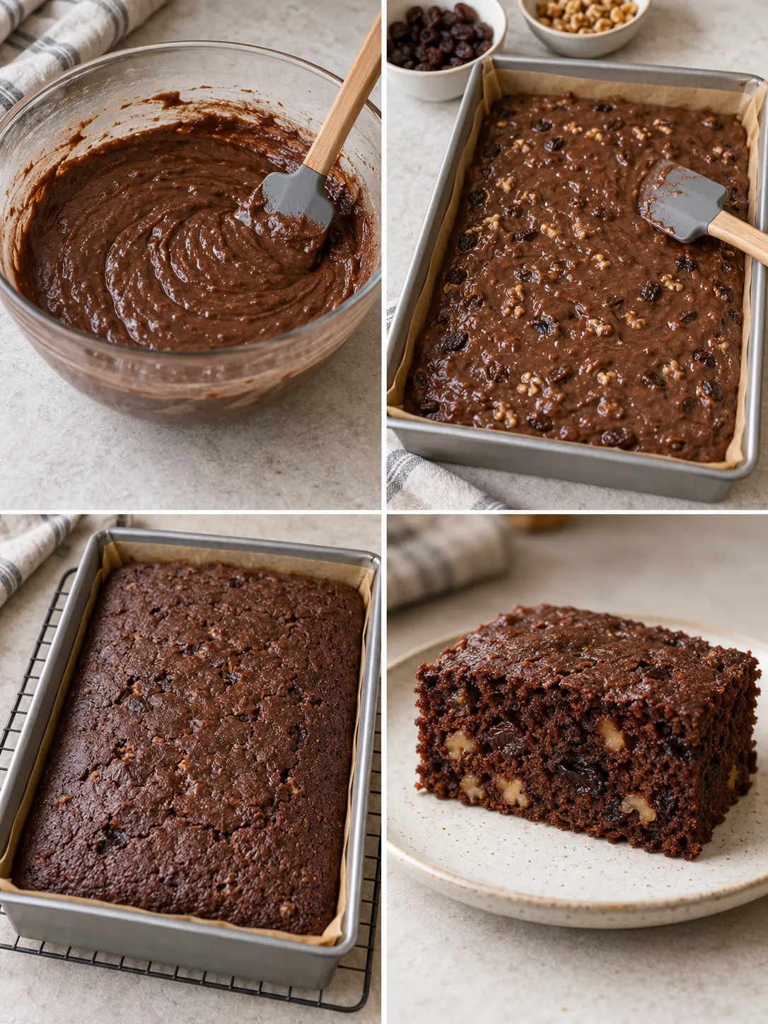 Chocolate sheet cake with vanilla and raisins — walnuts