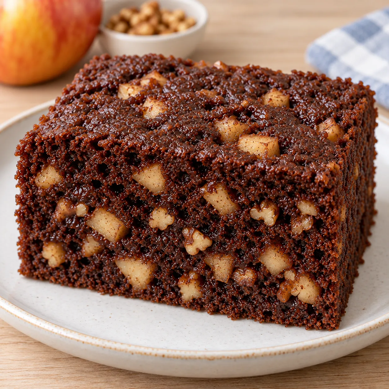 Chocolate sheet cake with cinnamon and apple — walnuts