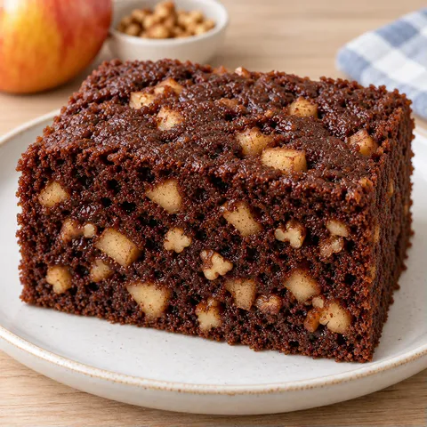 Chocolate sheet cake with cinnamon and apple — walnuts