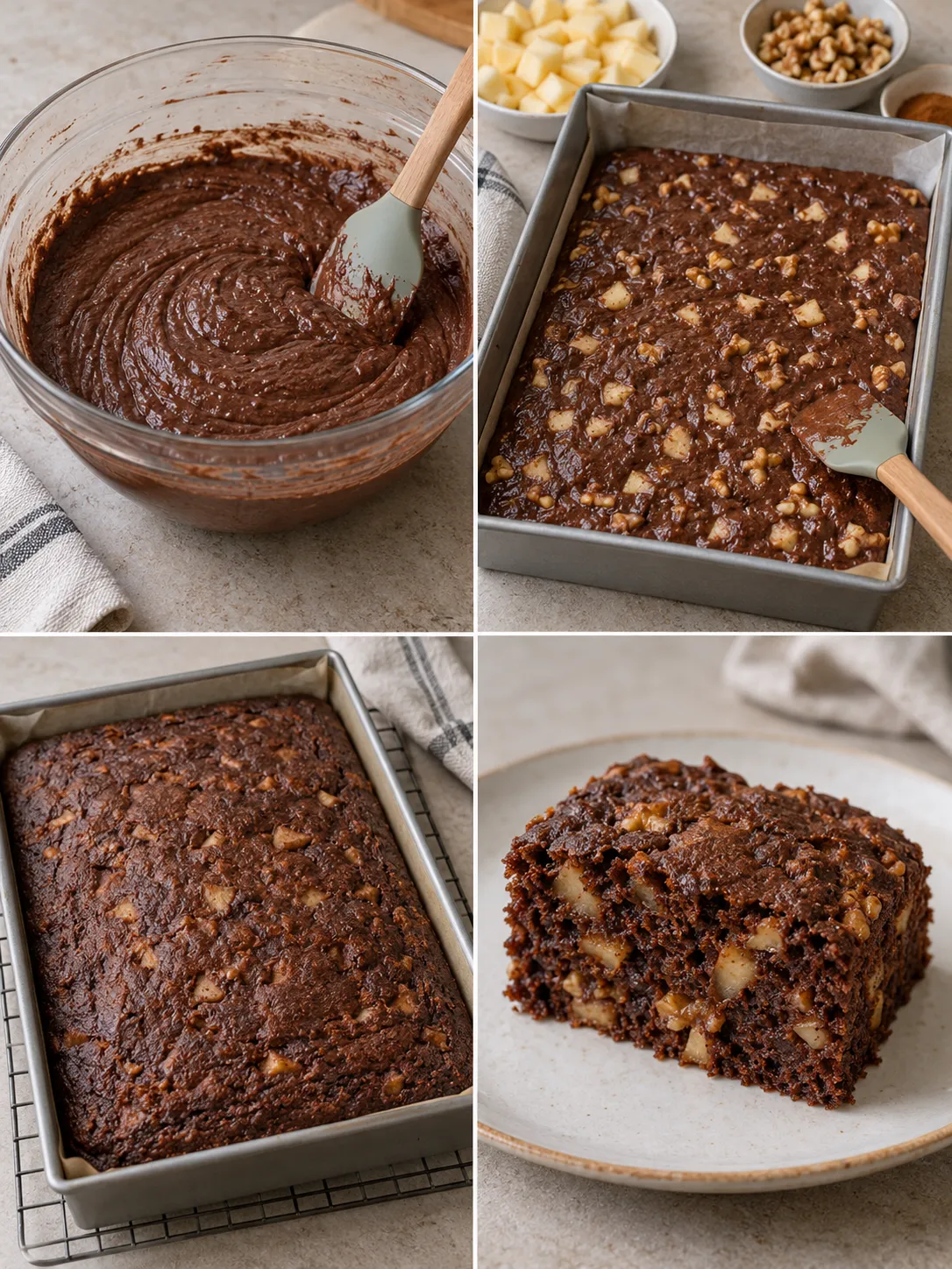Chocolate sheet cake with cinnamon and apple — walnuts
