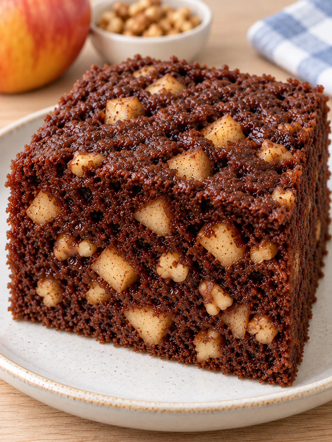 Chocolate sheet cake with cinnamon and apple — walnuts