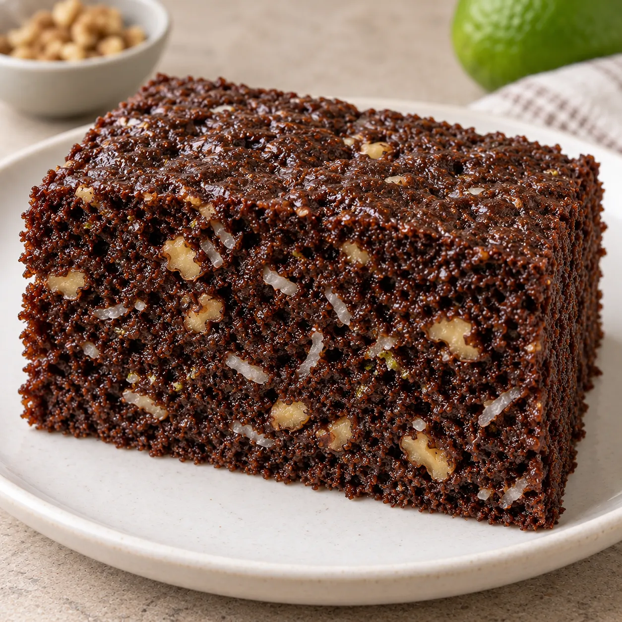 Chocolate sheet cake with coconut and lime — walnuts
