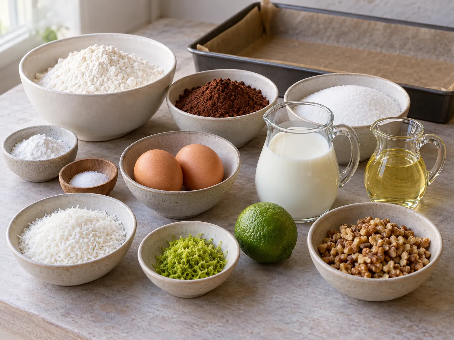 all-purpose wheat flour, unsweetened cocoa powder, granulated sugar, baking powder
