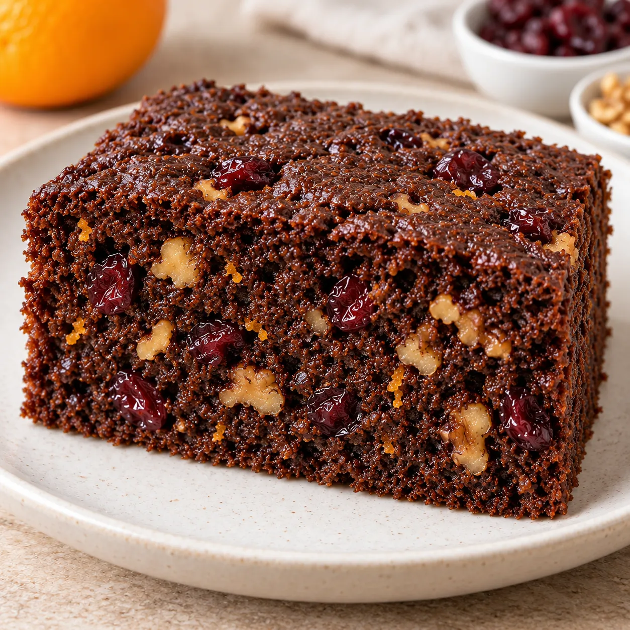 Chocolate sheet cake with cranberries and orange — walnuts