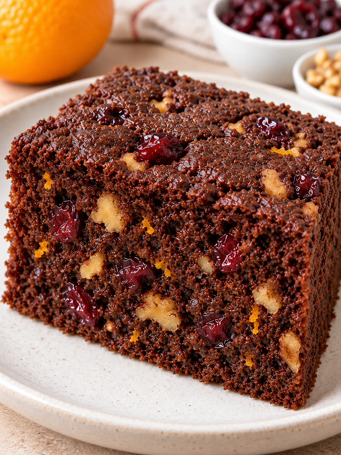 Chocolate sheet cake with cranberries and orange — walnuts