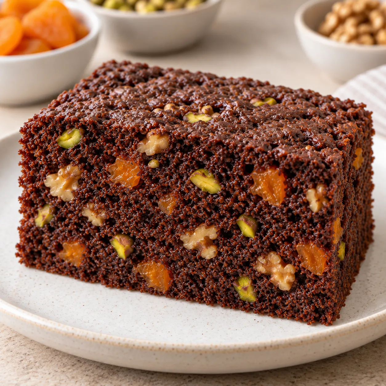 Chocolate sheet cake with apricots and pistachios — walnuts