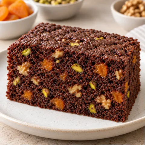 Chocolate sheet cake with apricots and pistachios — walnuts