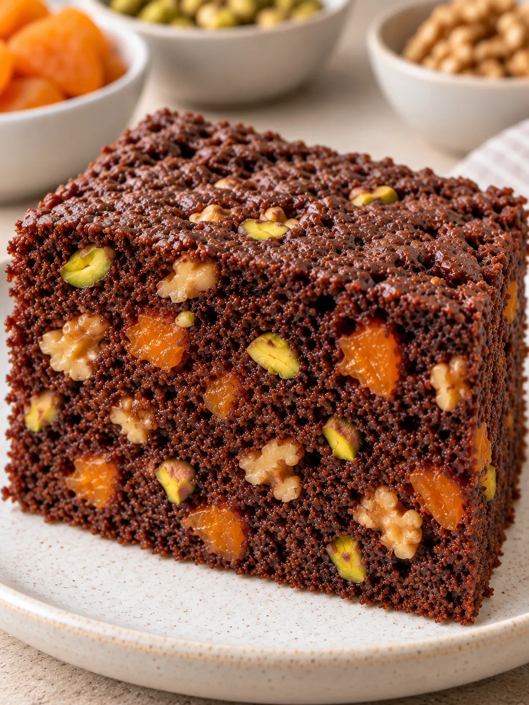 Chocolate sheet cake with apricots and pistachios — walnuts