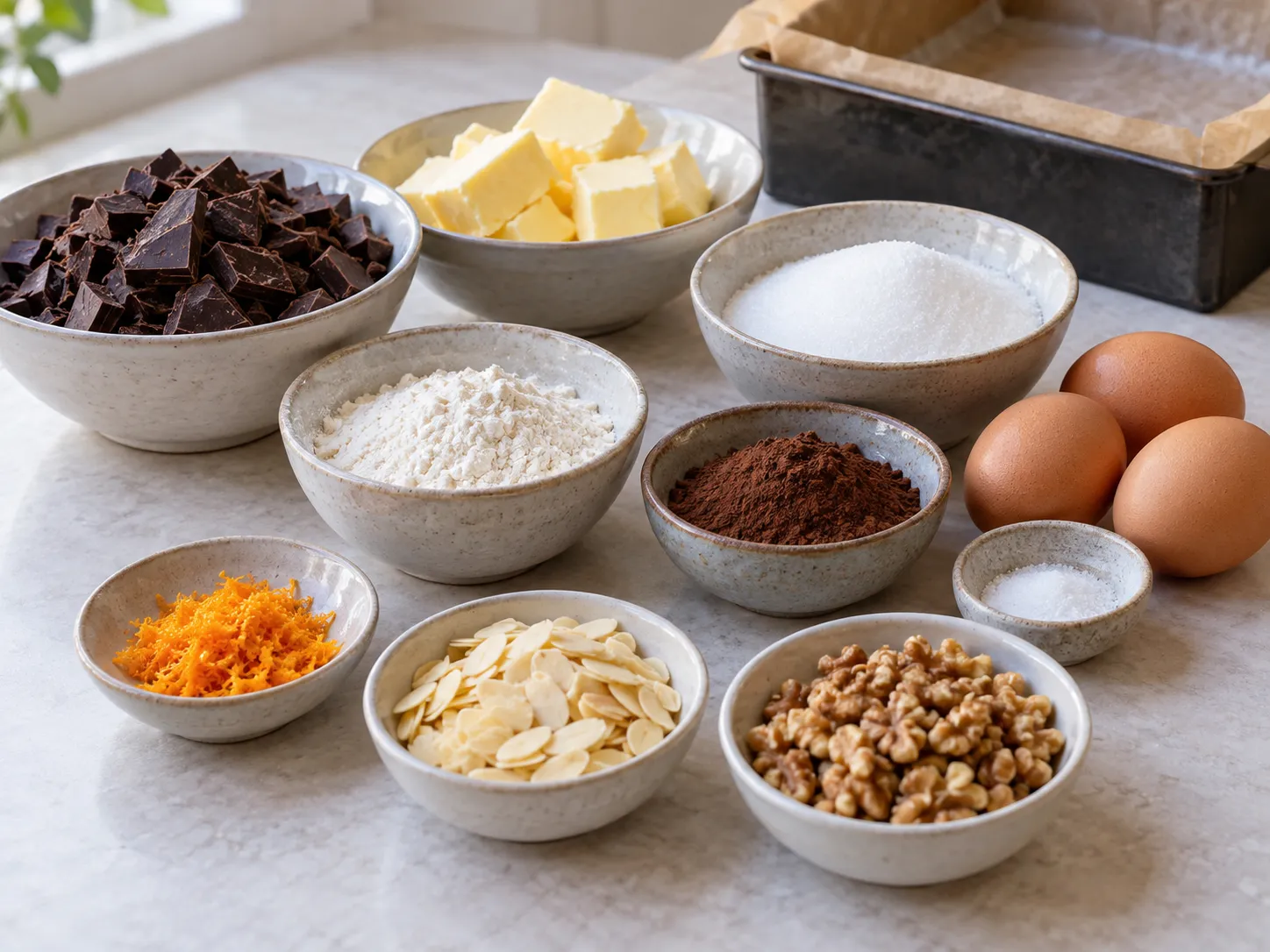 dark chocolate, chopped, unsalted butter, softened, granulated sugar, large eggs