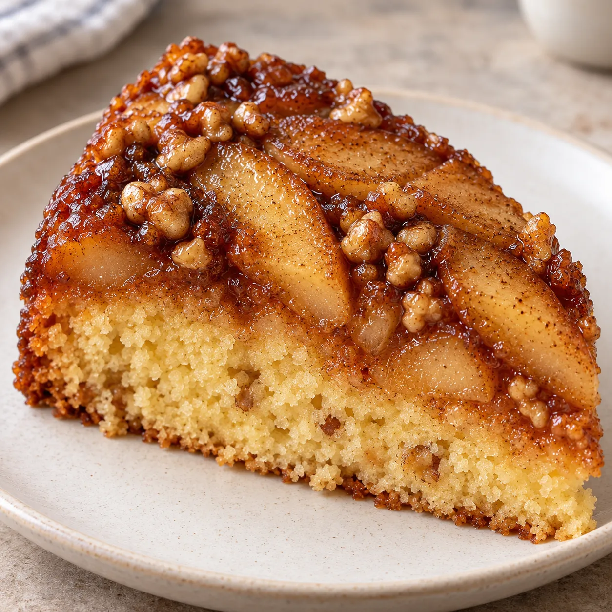 Upside-down fruit cake with apple and cinnamon — walnuts