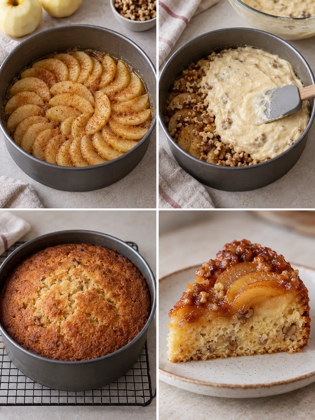Upside-down fruit cake with apple and cinnamon — walnuts