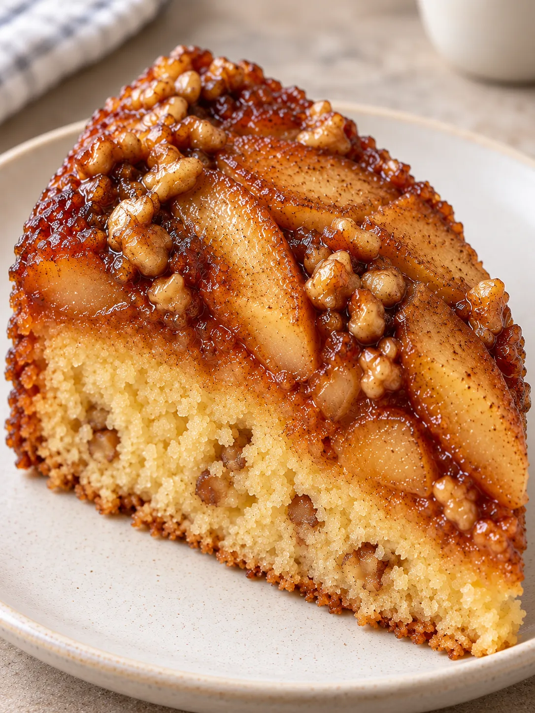 Upside-down fruit cake with apple and cinnamon — walnuts
