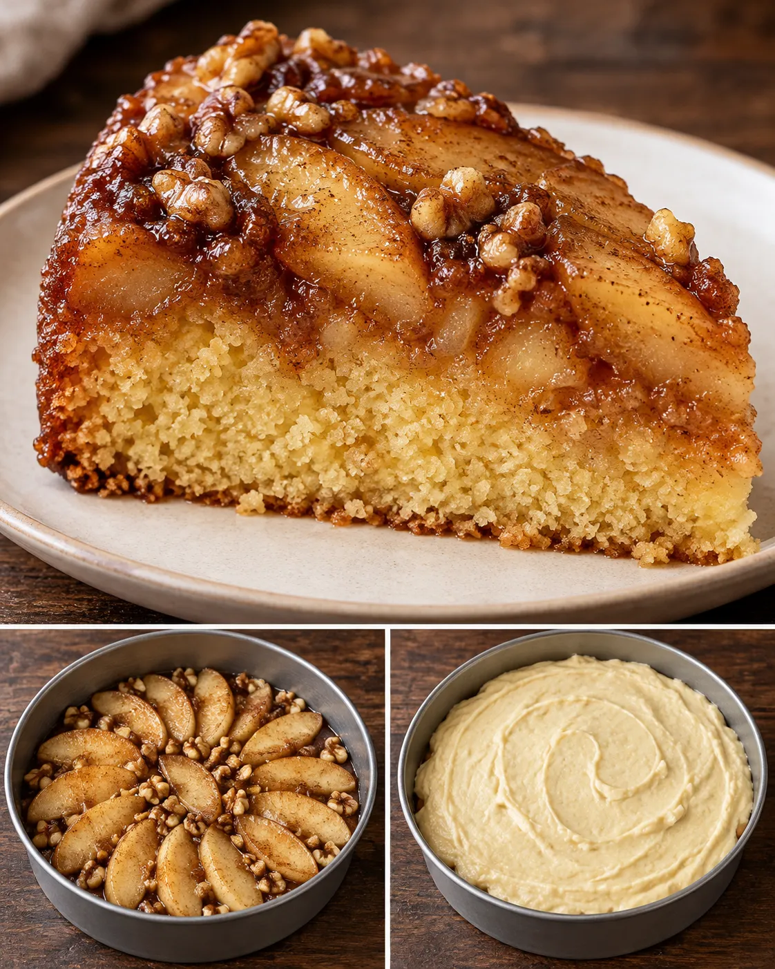 Upside-down fruit cake with apple and cinnamon — walnuts