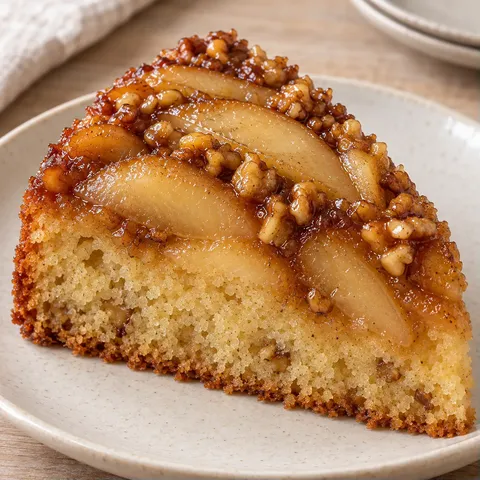 Upside-down fruit cake with pear and cardamom — walnuts