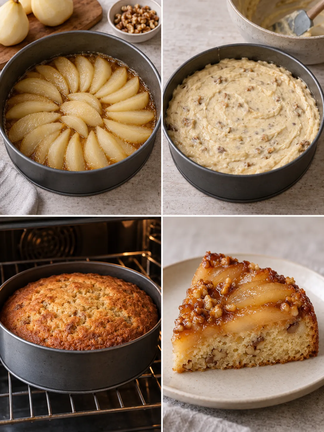 Upside-down fruit cake with pear and cardamom — walnuts