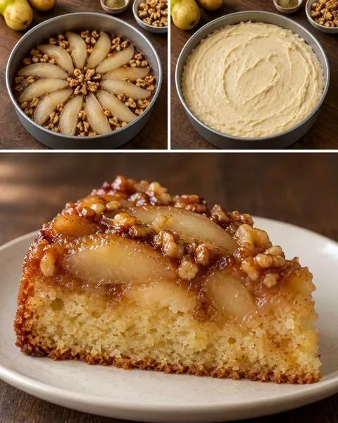 Upside-down fruit cake with pear and cardamom — walnuts