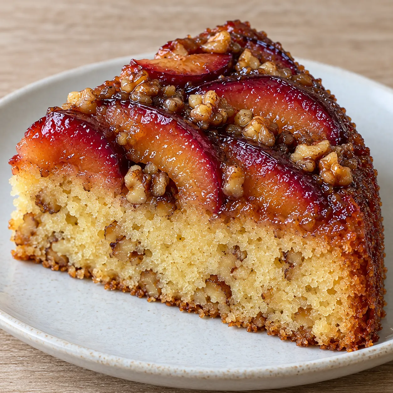 Upside-down fruit cake with plums and vanilla — walnuts