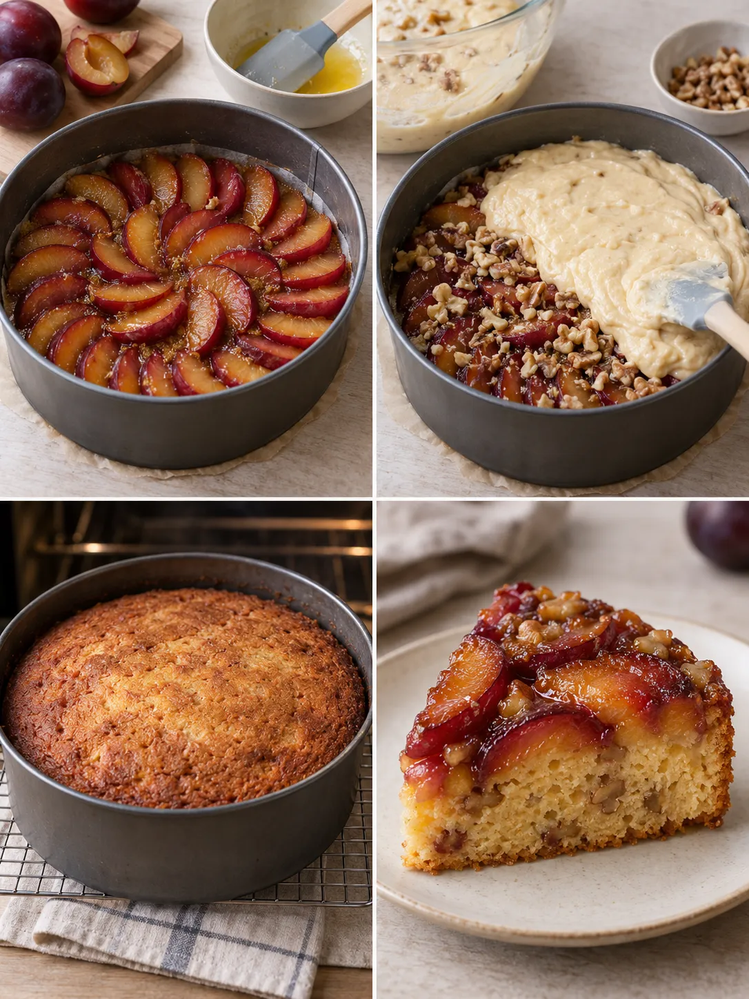 Upside-down fruit cake with plums and vanilla — walnuts