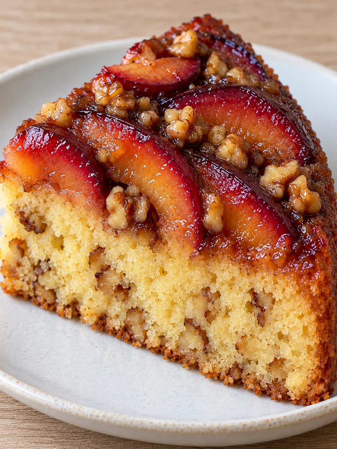 Upside-down fruit cake with plums and vanilla — walnuts