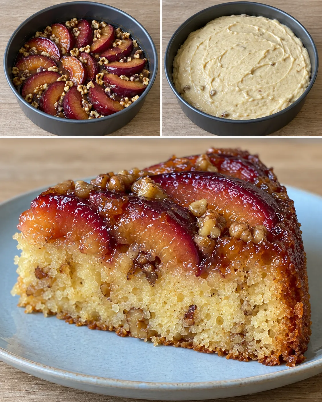 Upside-down fruit cake with plums and vanilla — walnuts